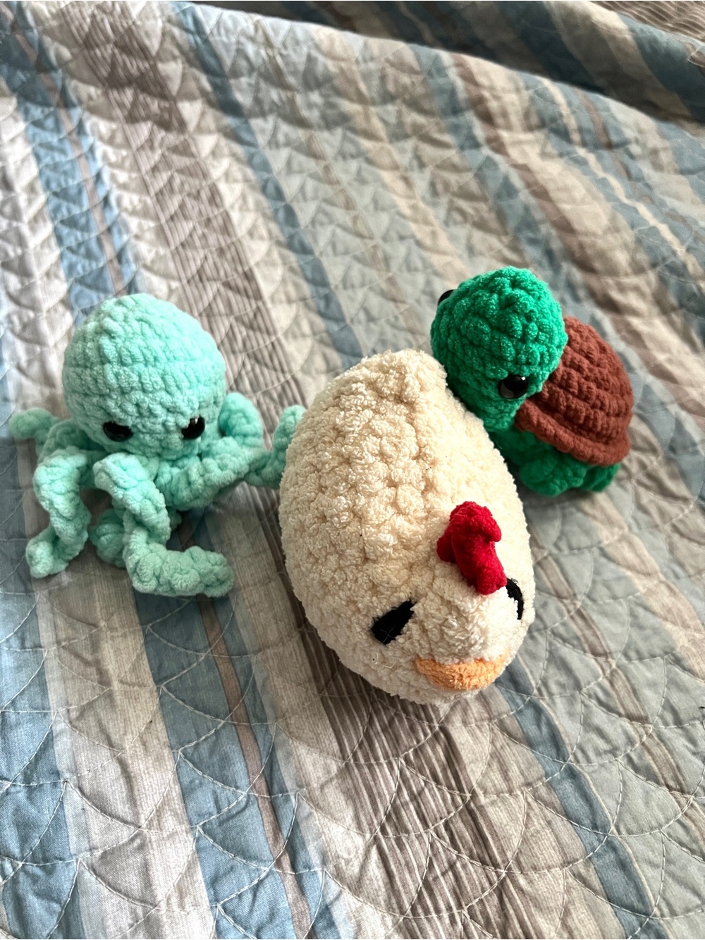 Set of 3 Small Crochet Plushies Chicken, Octopus, & Turtle